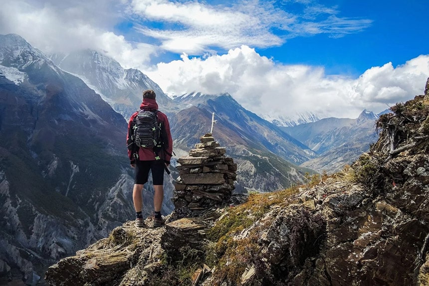 Trekker at Manang, on the Annapurna Circuit, trekking in Nepal