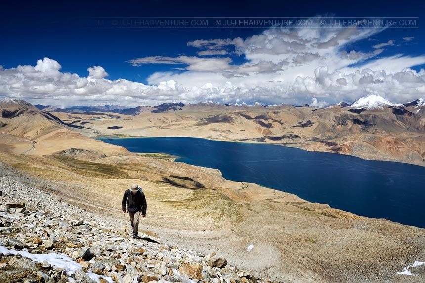 Trekker at Tso Moriri lake, Ladakh
